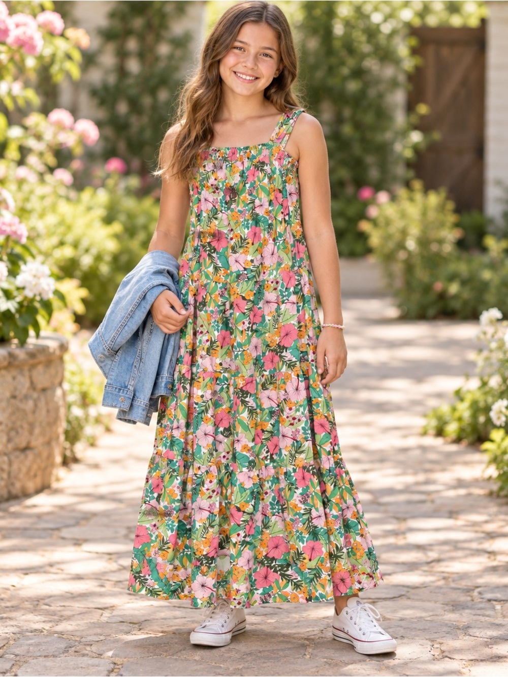 Girl’s Copper Key Floral Tiered Sundress in Pink, Green & Yellow